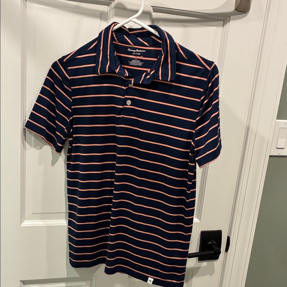 Tommy Bahama Navy and Orange Striped Polo
